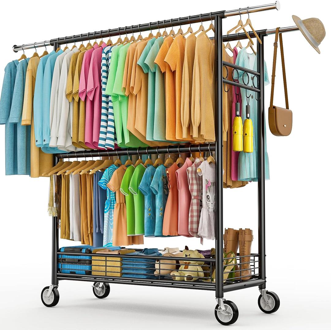 Heavy Duty Clothes Rack Load 960LBS, Three Rods Rolling Clothing Racks for Hanging Clothes, Rolling Garment Rack With Sturdy Wheels Shelves Hooks, Portable & Adjustable Commercial Garment Rack, Black 20.0" x 60.6" x 69.0"(3 Rods)