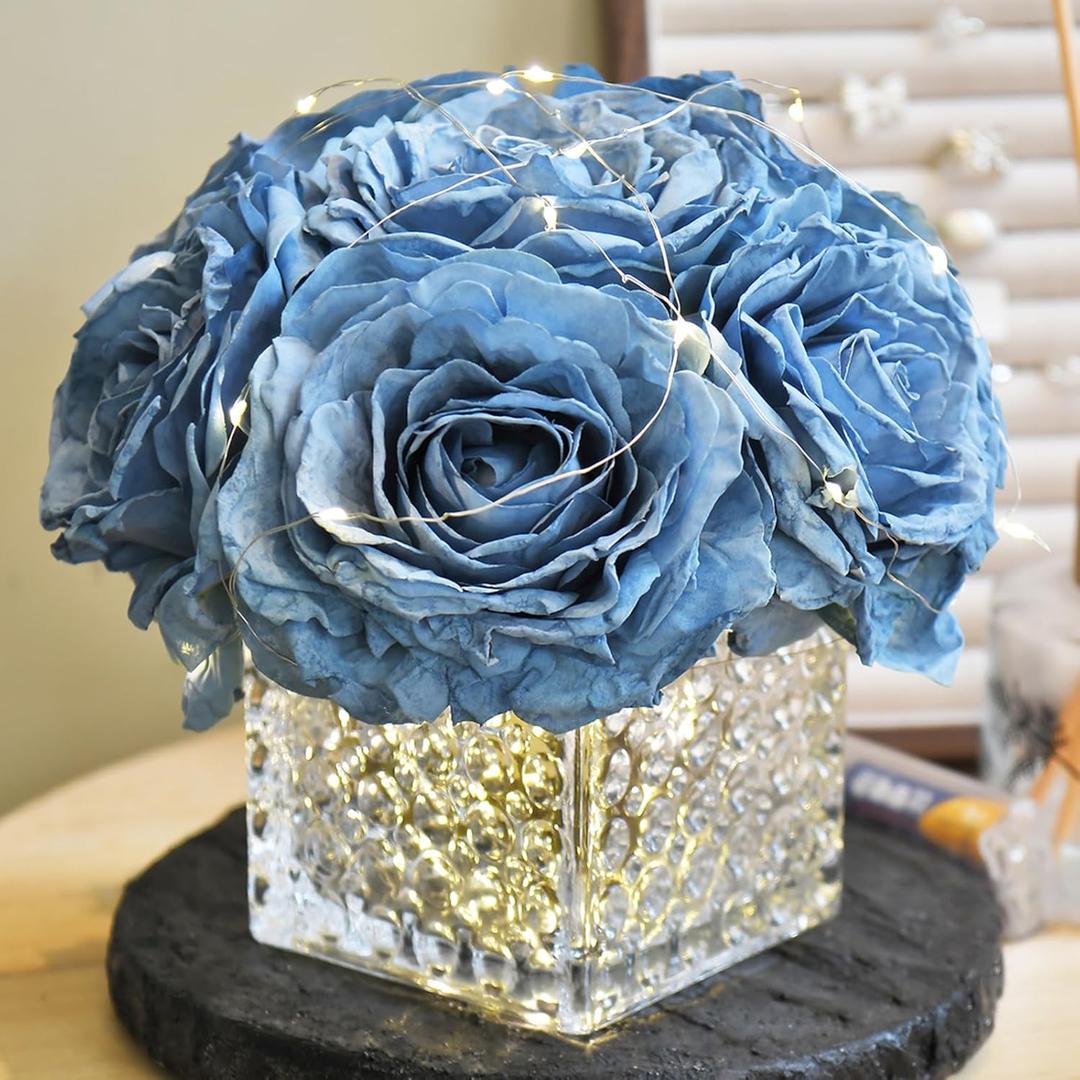 Artificial Rose in Glass Vase Vintage Silk Flower Arrangement with LED Light for Table Centerpiece Home Wedding Decoration (Dusty Blue) 7.9"D x 7.9"W x 7.1"H