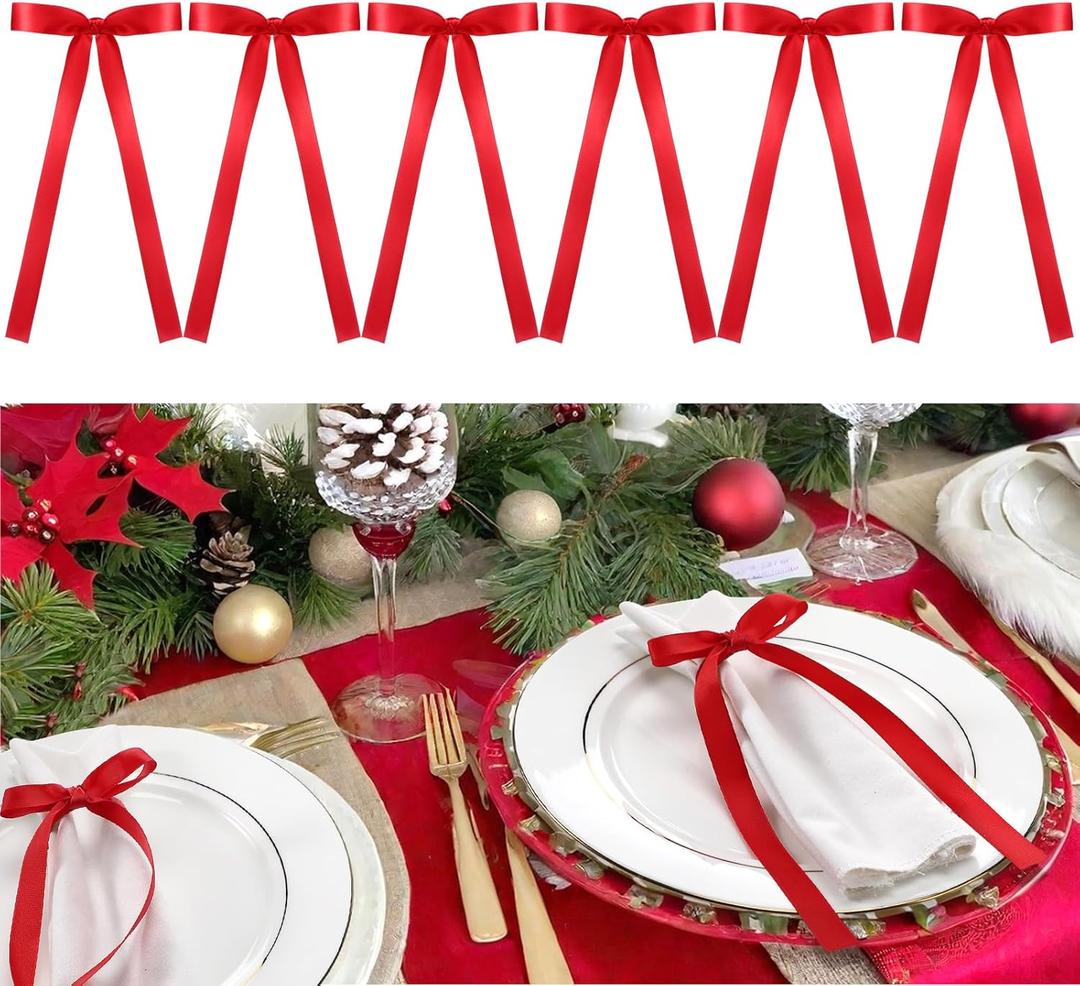CraftyDream 12 Pcs Christmas Bow Napkin Rings Velvet Bow Xmas Napkins Holder Ring for Holiday Dinner Wedding Dining Table Decoration Anniversary Party Supplies (Red)
