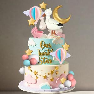 Gender Reveal Cake Topper Storks Cake Decorations Cloud Star Moon Hot Air Balloon Pink Blue Balls for Birthday Gender Reveal