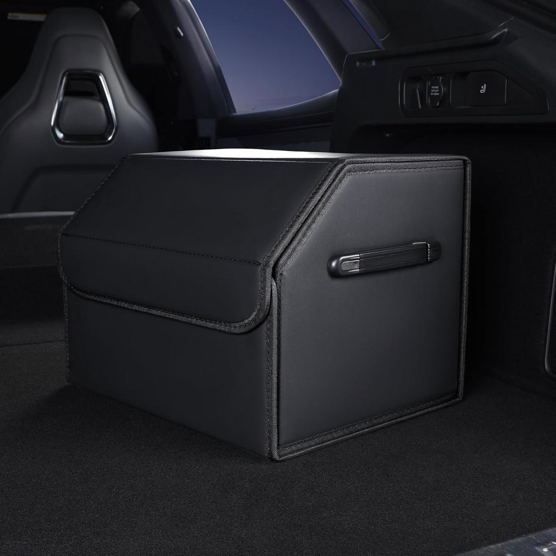 Trunk Organizer, car organizers and storage, black Leather Storage Box with lid, Fiberboard, Collapsible, 15''L x 13''W x 12.4''H,2K inches (size A)