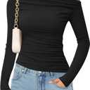 ZESICA Womens Off Shoulder Long Sleeve Tops 2026 Spring Casual Boat Neck Ruched Slim Fit Going Out Y2k Shirts Blouses (Black, M)