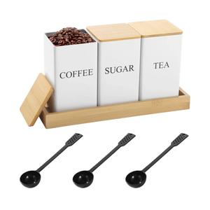 Homaisson Coffee Tea Sugar Canister and Tray Set, Metal Container with Airtight Wooden Lid, Kitchen Counter Storage Organizer Set, Farmhouse Drink Station Decor, Includes 3 Plastic Scoops