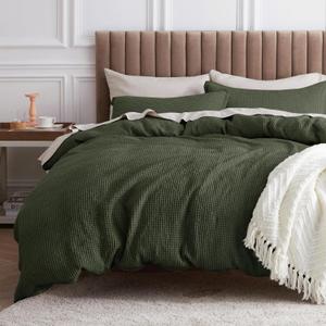Bedsure Cotton Duvet Cover Queen - 100% Cotton Waffle Weave Olive Green Duvet Cover Queen Size, GentleSoft and Breathable Bedding Set for All Season, 3 Pieces, 90"x90"