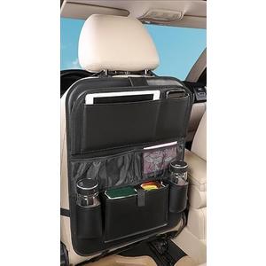 Leather Car Backseat Organizer with Tablet Holder - 9 Large Storage Pockets, Foldable Food Tray & Anti-Scratch Kick Mats - Universal Car Seat Protector for Kids, Pets & Travel Accessories 1 Pack