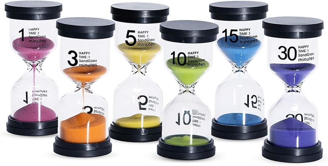 Sand Timer 6 Colors Hourglass 1/3/5/10/15/30 Minutes Sandglass Timer Sand Clock for Kids Games Classroom Kitchen Home Office Decoration (Pack of 6)