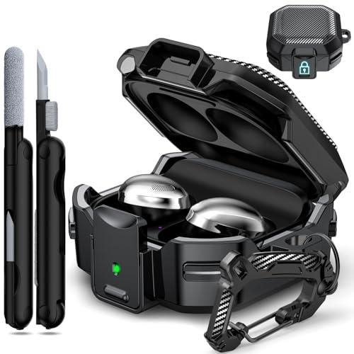 RFUNGUANGO for Samsung Galaxy Buds 2 Pro/Buds Pro/Buds Live/Buds 2 Case Cover/Galaxy Buds FE (2023), Military Carbon Fiber case with Keychain/Zipper/with Cleaner Kit(Anti-Drop Lock)-Black