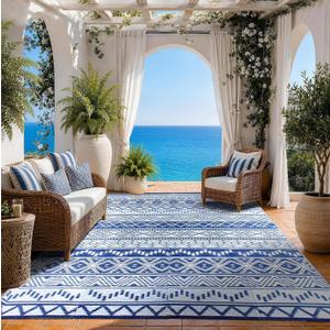 Outdoor Rug 8 x 10 ft, Reversible Plastic Straw Rug for Patio, Waterproof Large Outdoor Carpet for RV, Patio, Camping, Backyard, Deck, Picnic, Beach, Navy & White