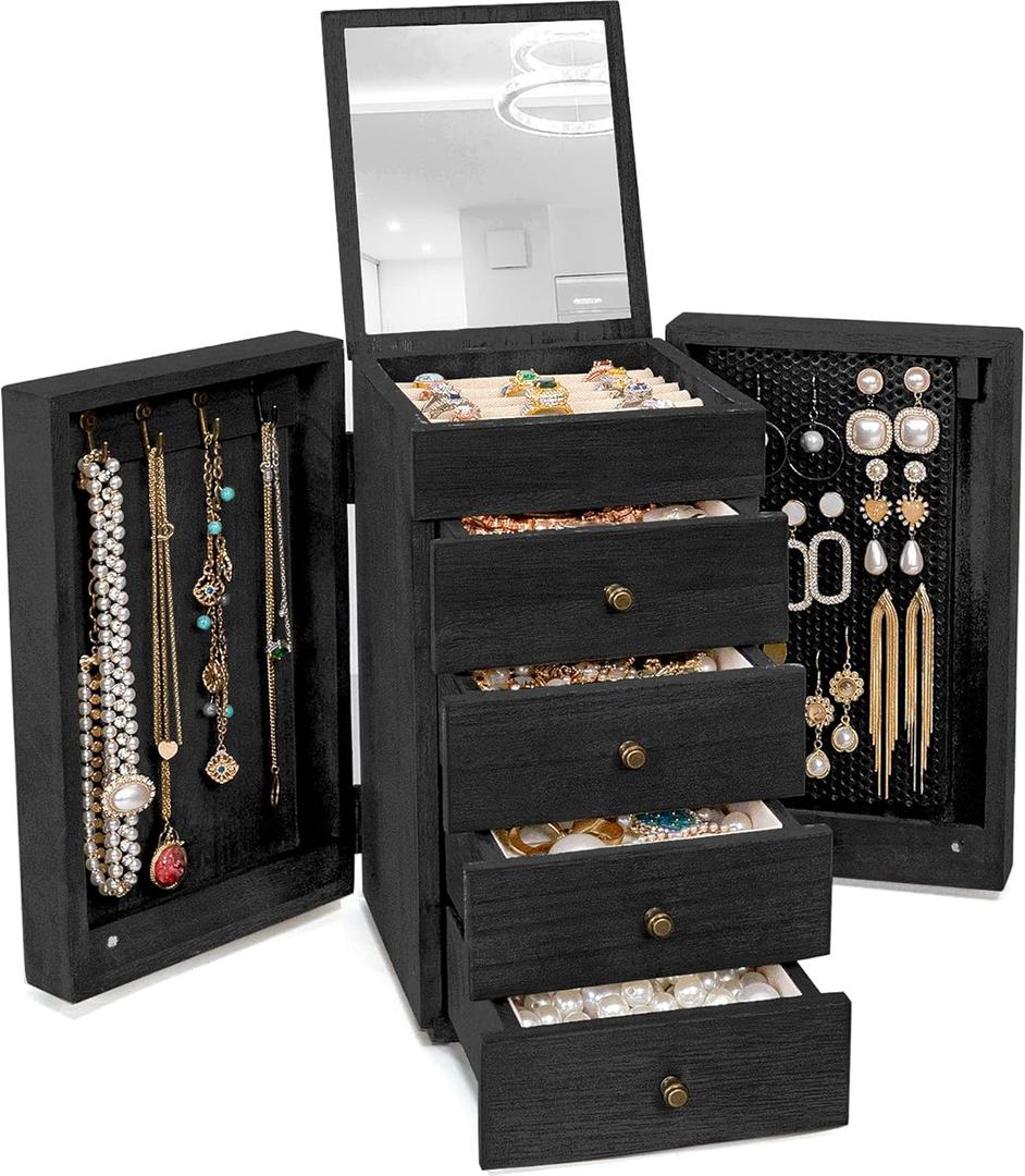 Meangood Jewelry Box Wood for Women, 5-Layer Large Organizer Box with Mirror & 4 Drawers for Rings, Earrings, Necklaces, Black