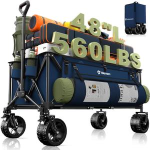 300L Extra Large Wagons Carts Foldable, 560LBS Heavy Duty Collapsible Beach Wagon 48" Long with Big All-Terrain Wheels, Utility Folding Cart for Camping, Grocery, Sports, Garden, Blue