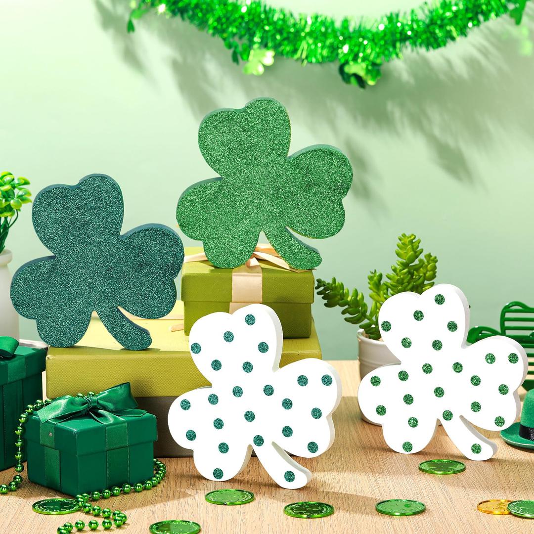 5 Pcs St. Patrick's Day Decorations Rustic Shamrock Wooden Sign Farmhouse Clover Wood Block Table Centerpiece Irish Tiered Tray Decor for Saint Patty's Day Home Office