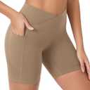 ODODOS Women's Crosover Yoga Shorts with Pockets, 6" Buttery Soft V High Waist Lounge Biker Shorts (Beige, XL)