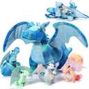 Deekin 7 Pcs Dragon Toy Set 16 Inch Large Dragon Stuffed Animal with 4 Baby Plush and 2 Eggs in Mommy's Belly Dinosaur Plushies Gifts for Boys Girls Birthday(Bright Style)