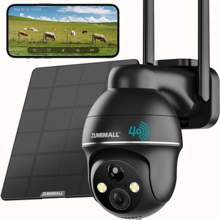 ZUMIMALL 4G LTE Cellular Solar Security Camera Wireless Outdoor, 2K No WiFi Security Camera Solar Powered with Color Night Vision, 2-Way Talk, Motion Alert, Cloud, SIM IncludedUS Version