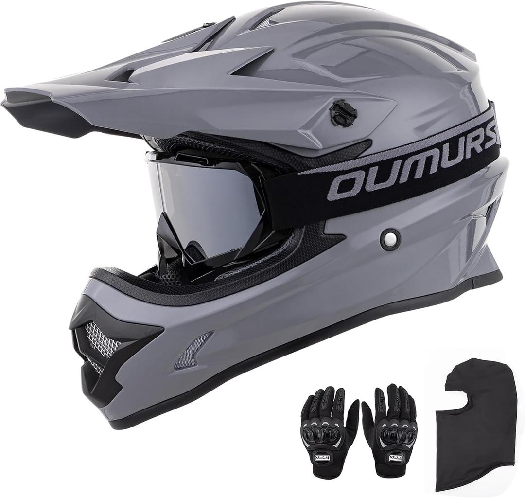 OUMURS Adult ATV Dirt Bike Helmet with Goggles Gloves & Mask Adjustable Sun Visor Motorcycle Adult Helmet Off-Road Motocross Downhill Moped MX for Unisex-Adult-Gray, XXL