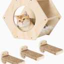 KATRIS Cat Shelves with 3 Steps Scratcher Post & Hammock, Wall Mounted Climbing Shelf for Indoor Cats (Wood)