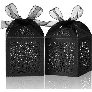 COTOPHER 100Pcs Laser Cut Favor Boxes, 2x2x2.75in Small Gift Boxes for Presents, Party Wedding Favors Boxes with Ribbon, Mini Candy Boxes for Event Bridal Shower Anniversary Birthday Christmas, Black