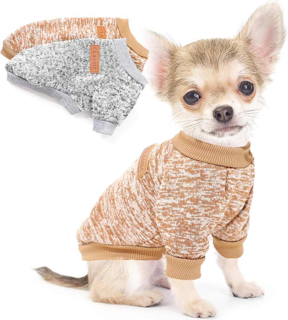 XL Dog Sweaters, 2 Pieces Fall Dog Sweater Small Medium Dog Clothes Male Female Winter Fleece Puppy Sweater Warm Pet Outfit for Bulldog, Dachshund, Pug, Chihuahua, Gery+Brown