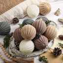 VioraWhite 12 Pcs Neutral Christmas Ornaments, 3.15 Inch Beige Green Crochet Christmas Balls Modern Rustic Handmade Knitted Woven Cotton Baubles for Xmas Tree Farmhouse Holiday Decor