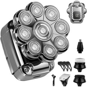 9D Head Shavers for Bald Men-Upgraded 5-in-1 Professional Electric Shaver- Floating IPX7 Waterproof Cordless Razor with Type-C Fast Charge & Display - Wet/Dry Grooming Kit