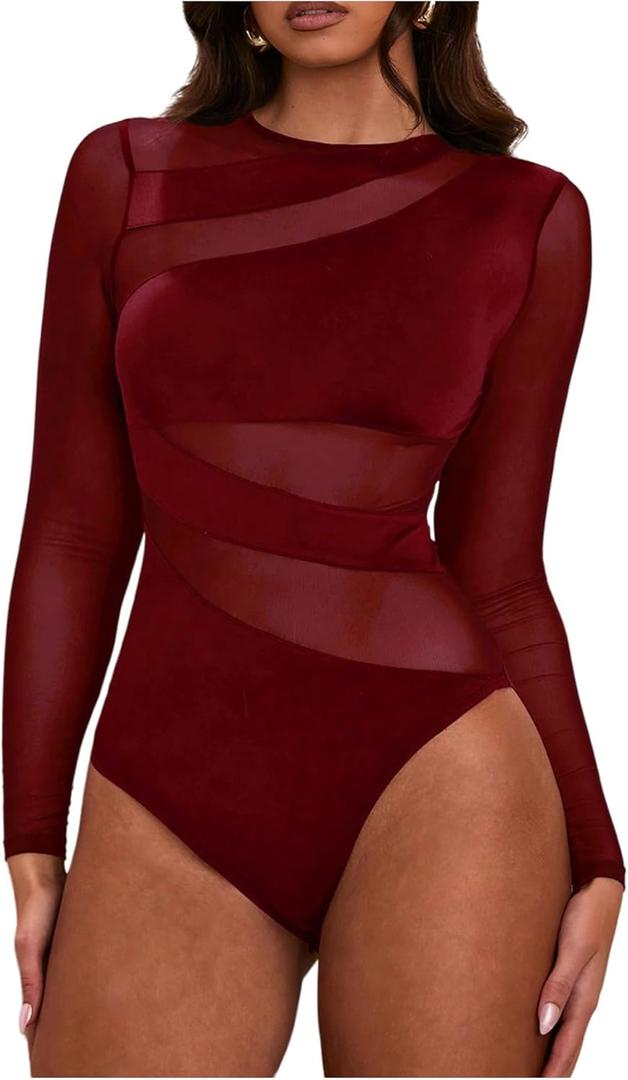 Milumia Women's Sexy Cut Out Sheer Mesh Long Sleeve Bodysuit Crew Neck Body Suits Going Out Bodysuit Tops Burgundy X-Small
