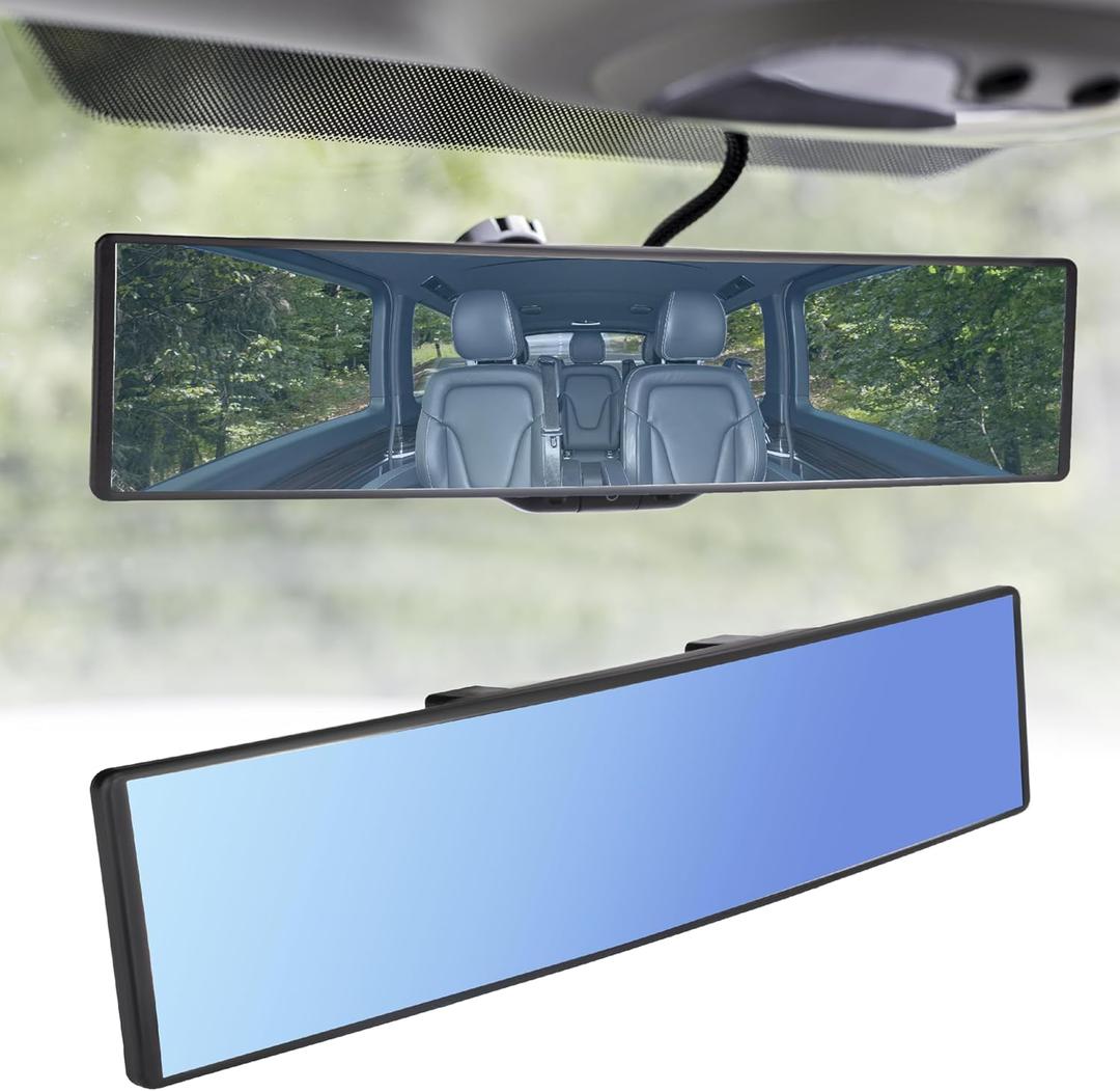Rear View Mirror, Universal 12 Inch Wide Angle Rear View Mirror, Convex Clip On Panoramic Rears Views Mirrors, Anti-Glare Extended Broadway Mirrors, Rearview Mirroring Accessories for Cars (Blue)
