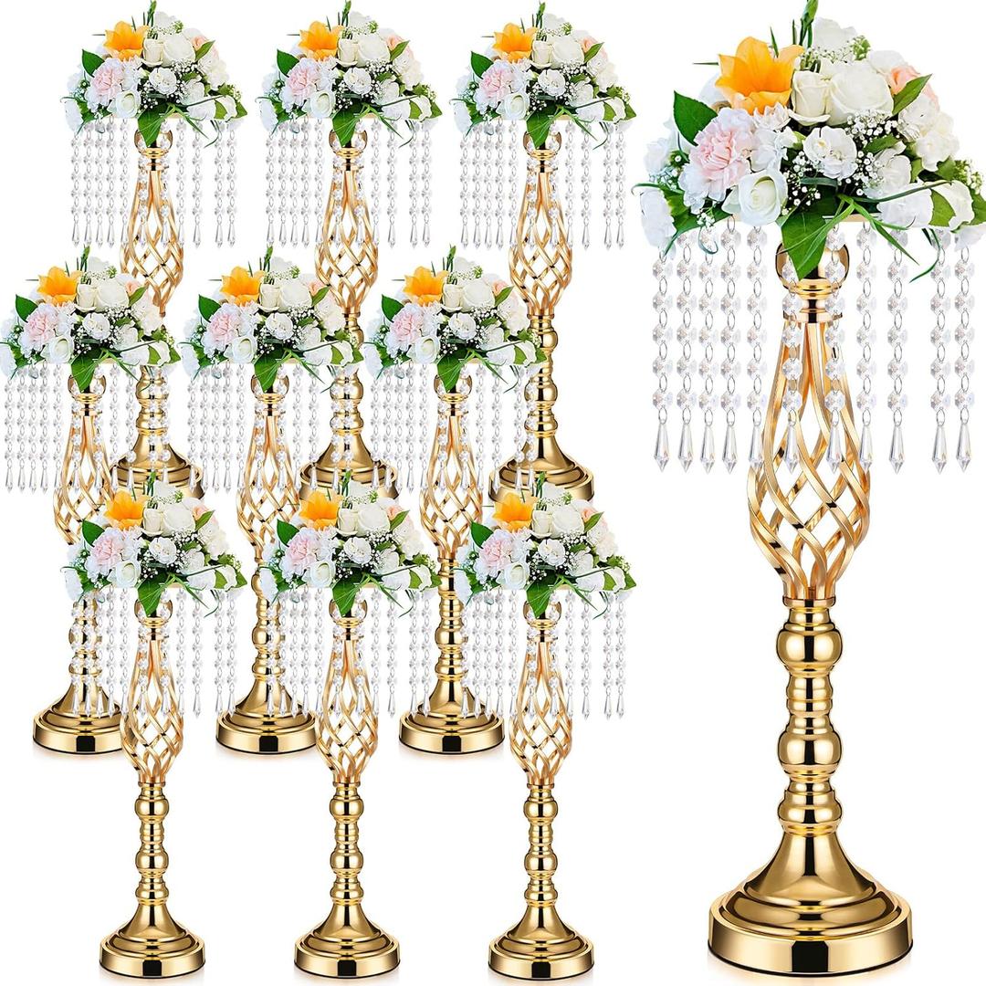 Unittype 9 Pcs Gold Wedding Centerpieces for Table Gold Crystal Flower Stand 19.3 inch Tall Vase with Chandelier Metal Flower Holders for Wedding Party Reception Dinner Tabletop Decorations