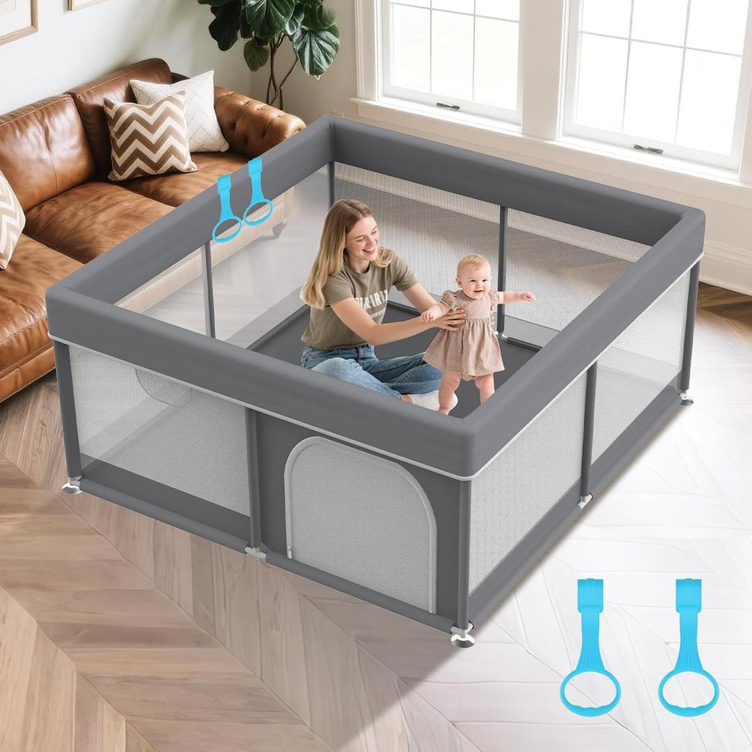 Grey Baby Playpen 64"x64" - Full Cover Anti-Collision Cloth Large Playard Neutral Safety Play Yard for Babies & Toddlers Modern Infant Activity Center Gray