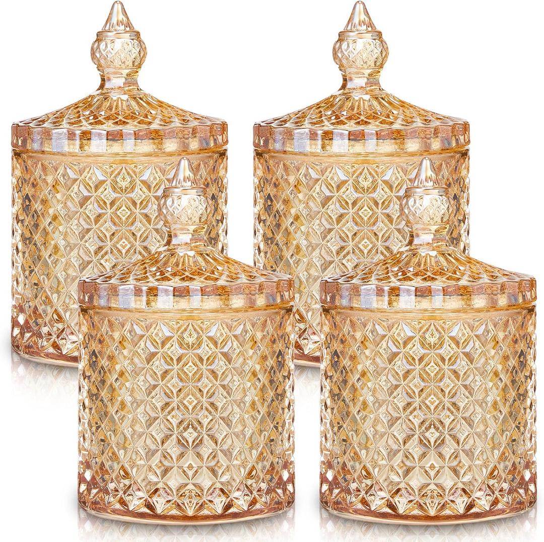 Aoriher 4 Pcs Crystal Glass Candy Jar Set with Lids Home Decorative Storage Jars for Apothecary, Bathroom, Kitchen, and Pantry, Ideal for Cotton Swabs and Jewelry(Medium,Amber)