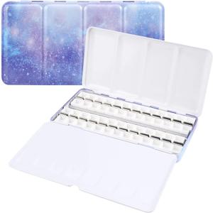 Empty Watercolor Palette, Empty Watercolor Tin with Fold Out Palette, Large Purple Watercolor Tray Palette with 52 Empty Half Pans for Plein Air Painting and Sketching