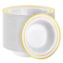 Goodluck 100 Pack Plastic Bowls with Gold Rim, 12oz Disposable Soup Bowls, Heavy Duty Dessert Bowls for Weddings, Parties, Dinners, Catering, Thanksgiving and Everyday Use