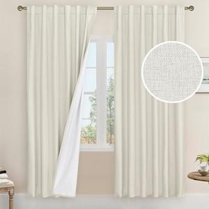 LAMIT Natural 100% Blackout Linen Curtains, 78 Inches Linen Textured Thermal Bedroom Curtains Back Tab and Rod Pocket Neutral Panels with White Liner for Farmhouse, 2 Panels, 52 x 78 Inch, Ivory