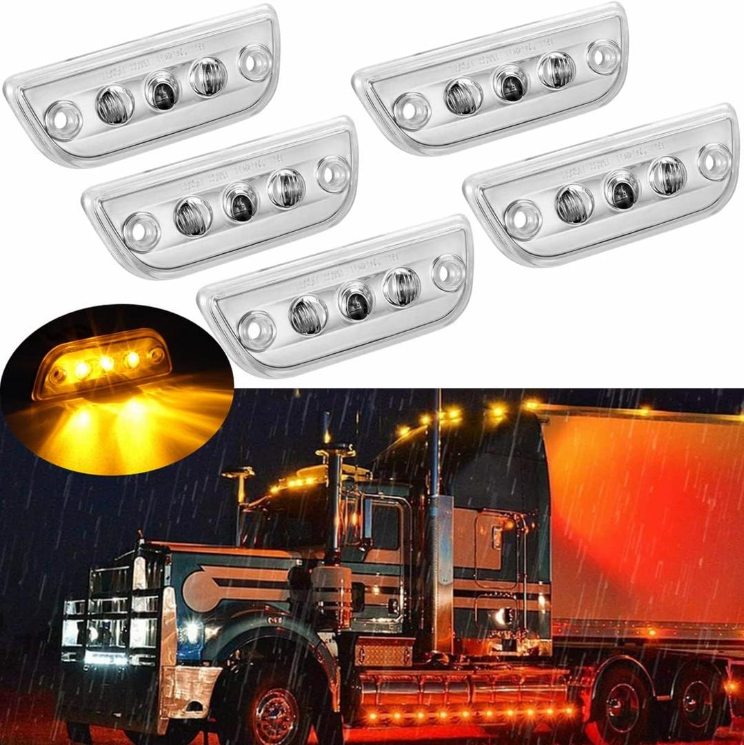 5PCS 9LED Cab Marker Top Roof Running Lights Assembly, Reflective Clear Lens, Super Bright Amber Light, Compatible with Kenworth T680 T770 T880 & Peterbilt 579 Heavy Trucks Cab Marker Lights