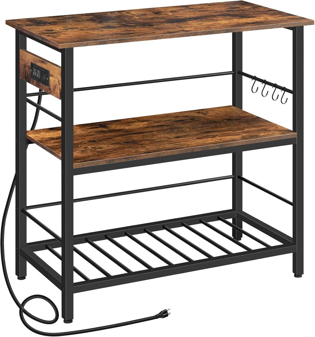 HOOBRO Kitchen Island with Storage, Kitchen Island Table with Power Outlet, 35.4" L 3 Tier Coffee Station and Microwave Stand, for Home, Dining Room, Rustic Brown and Black BF021ZD01
