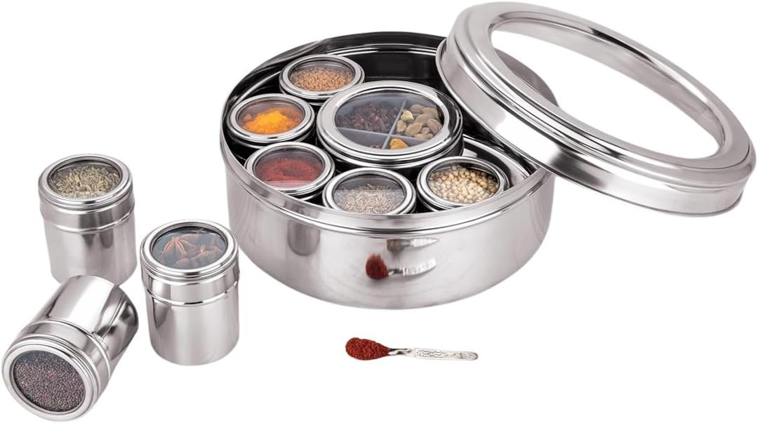 12 In 1 Stainless Steel Masala Box | Spice Box For Kitchen | Large Masala Dabba with See-Through Lid | Steel Masala Dani 2.5L Spice Organizer with 12 Compartment | 22.5cm 12 In 1 Stainless Steel Masala Box | Spice Box For Kitchen | Large Masala Dabba with See-Through Lid | Steel Masala Dani 2.5L Spice Organizer with 12 Compartment | 22.5cm