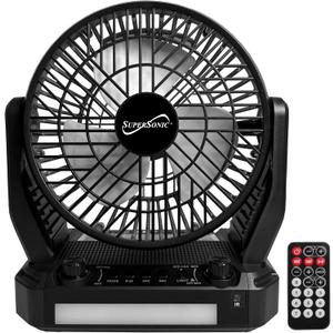 Supersonic SC-1076ERF Solar Powered Portable Fan with 6-Inch Fan Diameter, Adjustable 3 Wind Speed, Foldable Hanger Hook, LED Flashlight, Bluetooth, FM Radio, AUXUSB/mSD Inputs