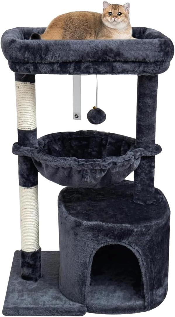 SYANDLVY Small Cat Tree for Indoor Cats, Cat Tower with Scratching Post, Modern Cat House with Padded Perch, Kittens Condo with Cradle, Smoky (29.6")