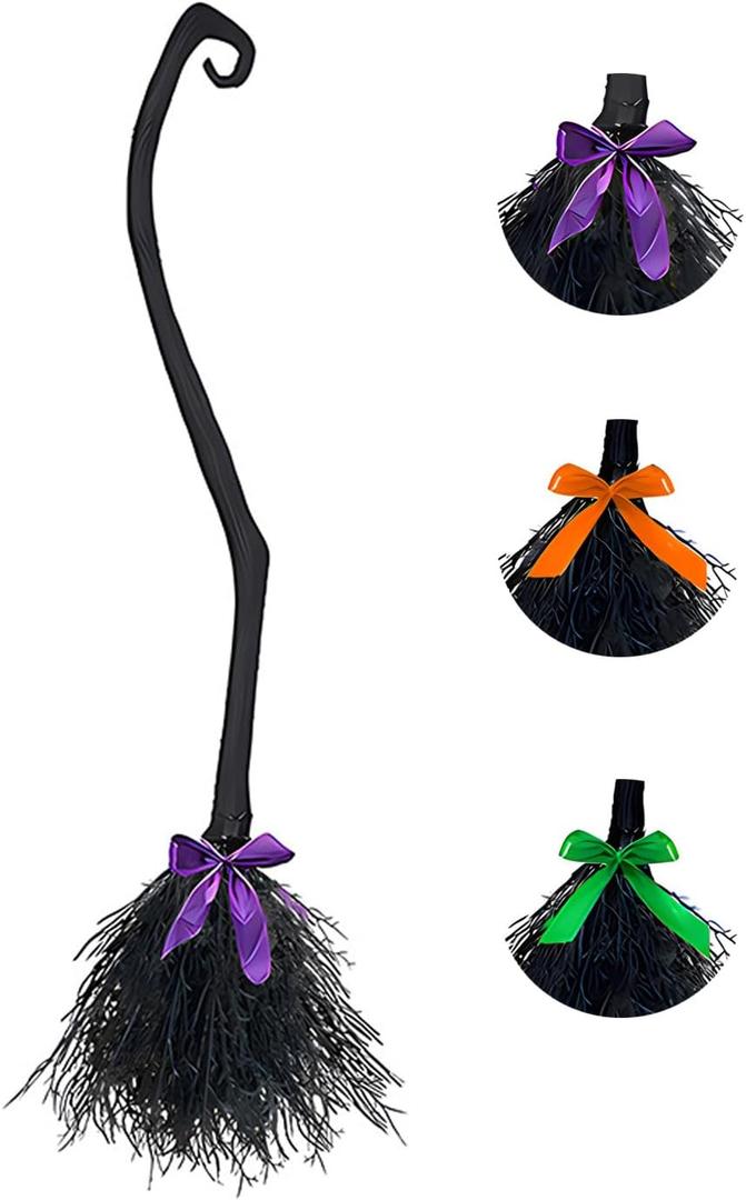 Witch Broom with 3 Colors of Ribbons, Halloween Witches Broomstick Plastic Witch Broomstick Cosplay Broom Props Witch Broom Party Decoration, Masquerade Show Dress Up Dance Party Supplies