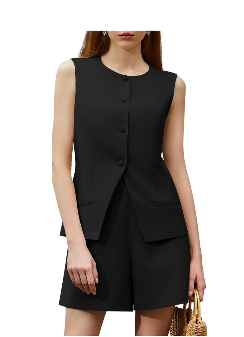 Women's Summer 2 Piece Outfits High Waisted Short Sets Crewneck Button Down Vest Business Work Blazer Suit, L, Black