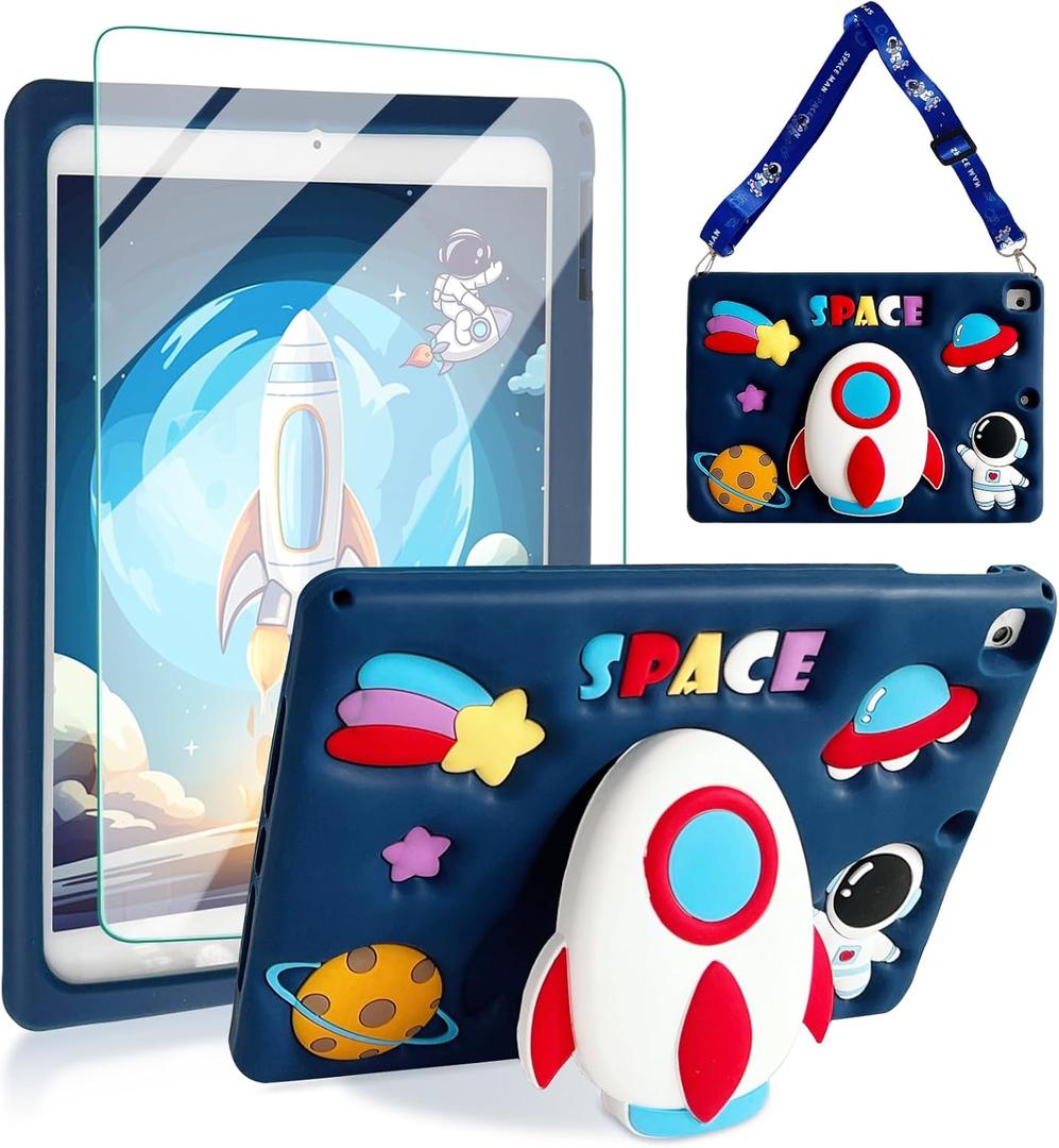 for iPad 9th Generation Case iPad 10.2 Case for Kids with Screen Protector, Kickstand, Shoulder Strap Cute Rocket Stand Silicone Protective Cover for iPad 9th 8th 7th Gen 2021 2020 2019, Blue