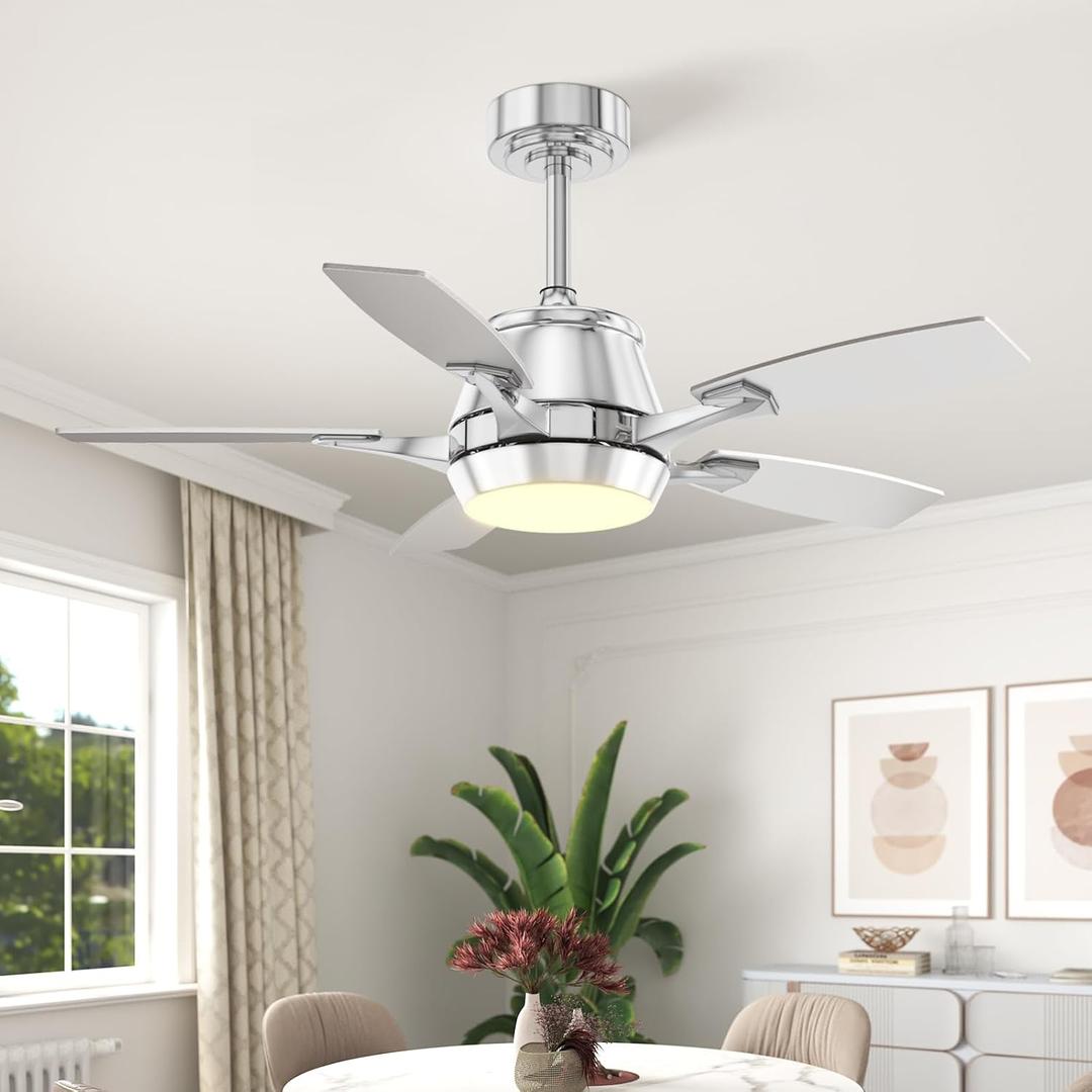 42" Ceiling Fan with Light, Modern Low Profile Ceiling Fan with Light, DC Reversible Motor, Smart APP & Remote Control, Whisper Quiet, Dimmable LED for Bedroom/Living Room (Chrome)