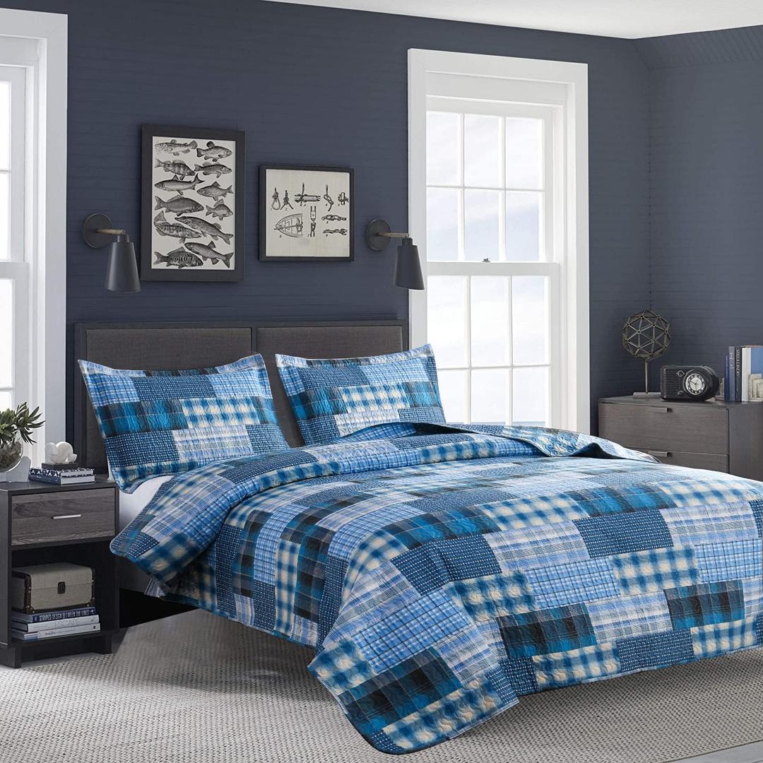 Blue Plaid Twin Size Bedspread & Coverlet - Reversible Quilt Set - Lightweight, Soft Microfiber - All Season