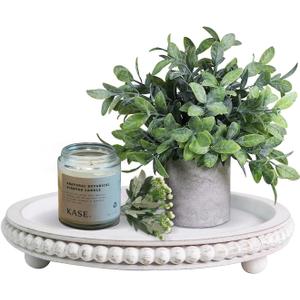 12in Round Wood Beaded Tray - Brown, Distressed Finish - Farmhouse Boho Style - Decorative Tray for Living Room, Coffee Table, Kitchen Table or Serving Tray