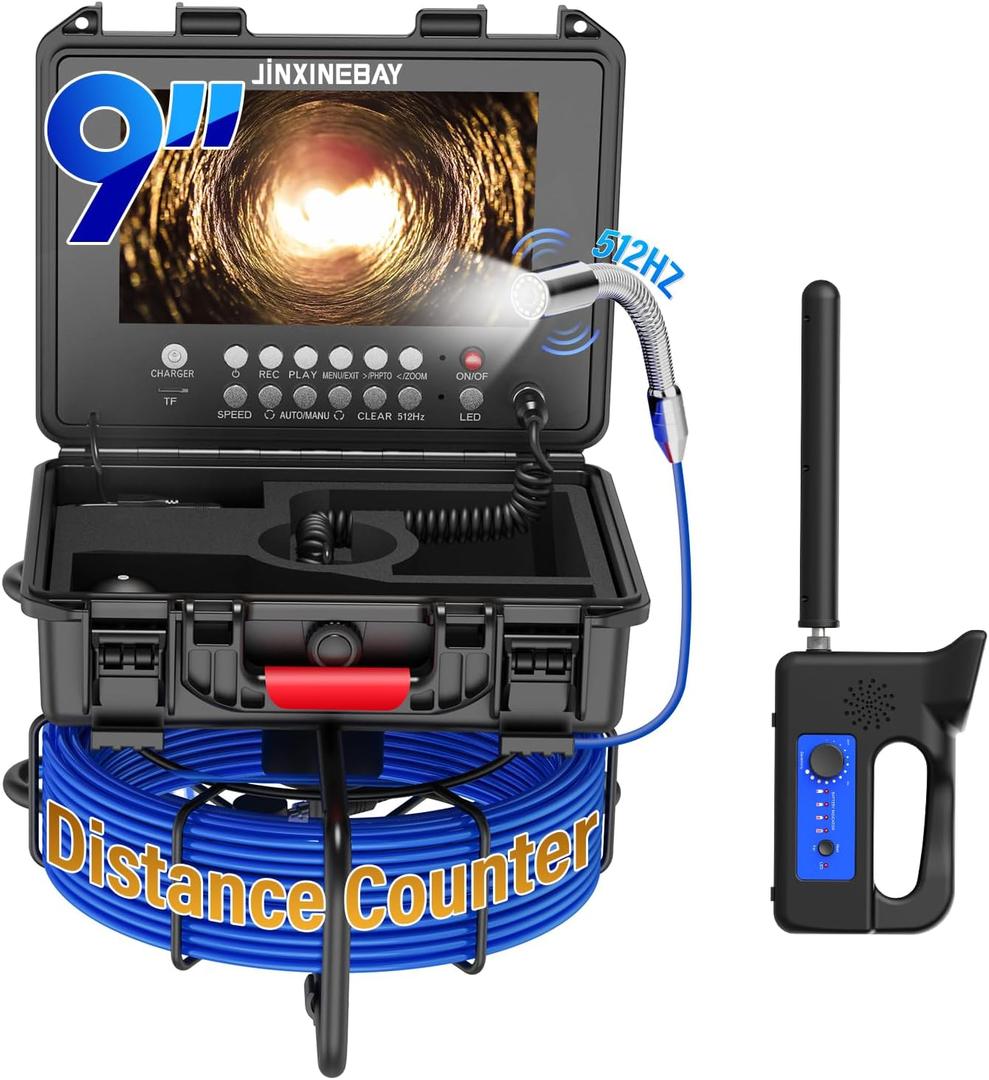 Sewer Camera with Locator, 9" Meter Counter DVR Drain Sewer Inspection Video Endoscope Camera 512Hz Self-Leveling Transmitter with Distance Counter,for Home, Duct Drain Pipe Plumbin (100FT/30M)