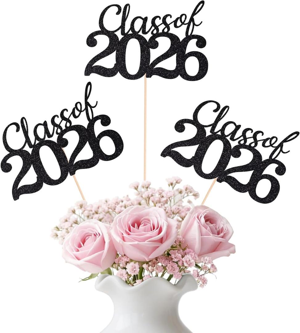 2 x 12 Pcs Class of 2026 Graduation Decorations, Table Centerpieces Grad Cake Topper Party Favors, Graduation 2026 Party Supplies for Table Decor (Black & Double-sided)