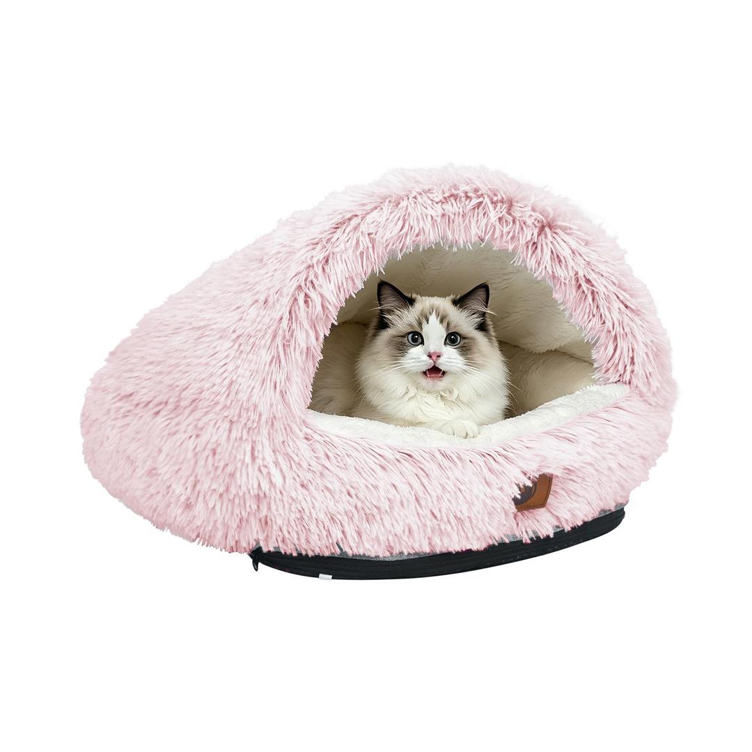 YooxArmor Washable Dog Bed, Windproof Round Hooded Cat Bed Cave for Small Medium Pets, Self Warming Anti-Anxiety House with Fluffy Cover (Pink-S)