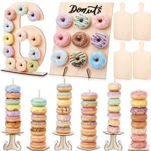 Lallisa 12 Pcs Wooden Donut Stand Set Number 6 Donut Display Stand 1 Doughnut Wall Display 4 Mini Charcuterie Boards Tower for Dessert Table Birthday Wedding Baby Shower Party Deocr