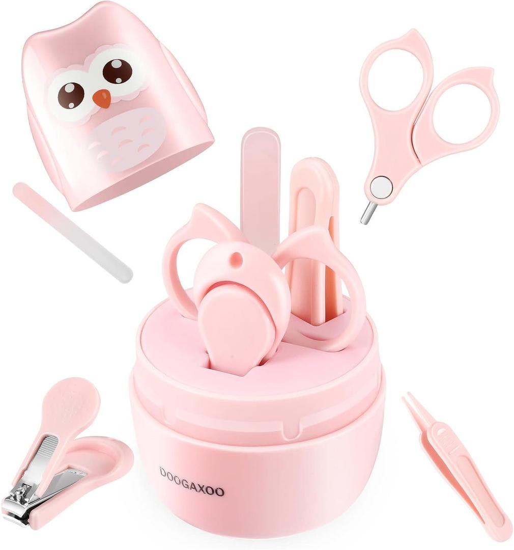 Baby Nail Clippers, 4-in-1 Safe Baby Nail Kit with Cute Case, Nail Clipper, Scissors, Tweezers, Baby Nail File Set for Newborn, Infant, Toddler and Kids-Pink