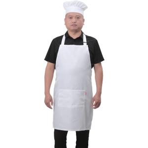 Bib Aprons Set for Women and Men, Kitchen Chef Apron with 2 Pockets and 40" Long Ties, Plus Size Adjustable Apron and Hat for Cooking - 32" x 28" - White