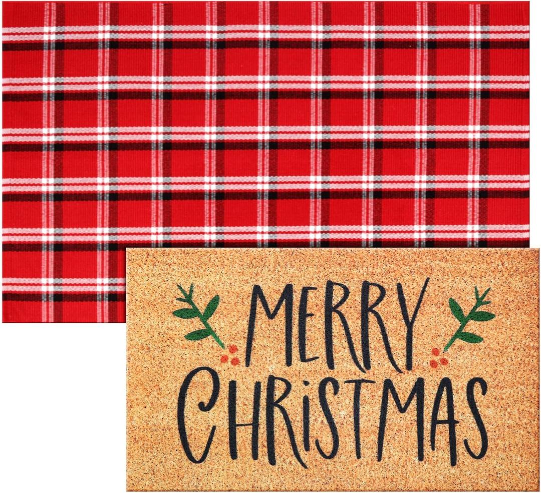 Duraaamo 2 Pcs Merry Christmas Outdoor Doormat Christmas Welcome Coir Doormat Rug Layered Red White Buffalo Plaid Mat for Front Porch Entryway